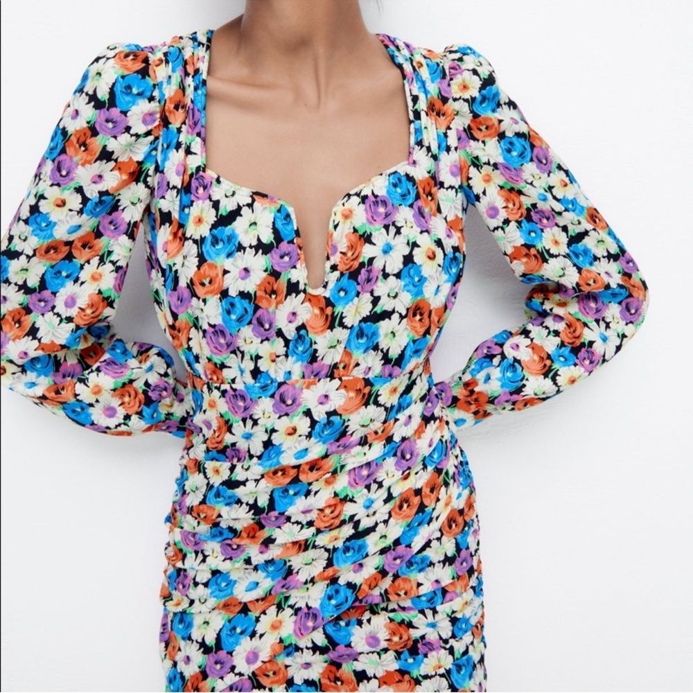 ZARA Floral Ruched Long Sleeve Mini Dress in Black/Multi | Size Small